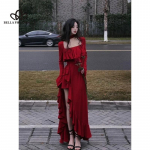 Suvine uus prantsuse stiilis seksikas k&otilde;rge l&otilde;hestatud kandiline krae, pingul v&ouml;&ouml;koht, volangidega lisareegel pikk punane pikkade pikkade varrukatega kleit S punane