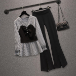 Naiste &uuml;likond pikkade varrukatega laia s&auml;&auml;rega p&uuml;ksid V kaelusega &otilde;mmeldud &scaron;ifoonist s&auml;rkpluus, p&uuml;ksid, kaheosaline komplekt, elegantne XXXXL must