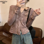 Prantsuse magus lahe lipsuga v&auml;rvitud T-s&auml;rk naiste kevadine ja s&uuml;gisene &otilde;huke pikkade varrukatega topp S