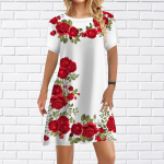 Naiste vabaajakleit Suvine oranžide rooside mustriga kleidid naistele O-kaelusega l&uuml;hikeste varrukatega kleit, suur suurus 4XL valge