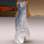 Naiste A-kujuline kleit Maxi pikkade varrukateta kevadise virsiku&otilde;ielise printiga s&uuml;gis-talvise V-kaelusega retrostiilis elegantne XS sinine