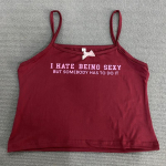 Y2K Euroopa ja Ameerika retro magusa kirjatr&uuml;kiga naiste &uuml;ler&otilde;ivaste traksvest vest suvine l&uuml;hikeste varrukateta top S burgundiapunane