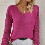 V-kaelusega sviiter, elegantne pikkade varrukatega kootud kampsun, naiste riided XL roosa