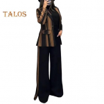 2 tk/komplekt Naiste pidulik mantel ja p&uuml;ksid komplekt Pikkade varrukatega V&auml;rviplokk Triibuline Rev&auml;&auml;riga Kampsun Keskmise pikkusega Jakk L&otilde;hikuga Laia s&auml;&auml;rega K&otilde;rge v&ouml;&ouml;kohaga P&uuml;ksid Pidulik XXXL must pruun v&auml;rv