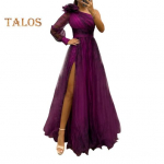 Naiste &otilde;htukleit 3D lillekujundusega &uuml;he &otilde;la plisseeritud plisseeritud v&otilde;rgust banketikleit &uuml;hekordsete pikkade varrukatega &otilde;hukese v&ouml;&ouml;kohaga A-jooneline p&otilde;randapikkus, l&otilde;hikuga pall M lilla