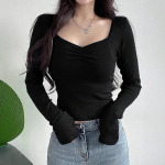 YYFS naiste moe vabaaja kevads&uuml;gisene &uuml;hev&auml;rvilise tr&uuml;kiga pikkade varrukatega V-kaelusega pluusid ja s&auml;rgid S must