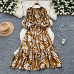Elegantsed laternavarrukad Vintage V-kaelusega Chic Print Slim Bandage A-joonega pikad kleidid Prantsuse &Otilde;htune High Street S&uuml;gisriided One Size kohv