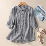 Seitsme veerandvarrukaga tikitud puuvillane linane s&auml;rk Naiste kunstiline retrodisain sense top kevadsuvise s&auml;rgi jaoks M