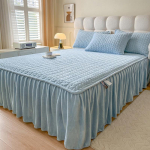 Piimane flanellist voodiseelik &Uuml;hekordne Korallveluurist voodikate Paksustatud voodikate Pitsiga Polsterdatud Voodilina Seeliku&auml;&auml;r Klamber Puuvillane Voodikate Pillowcase x2 sinine