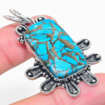 Copper Blue Turquoise 925 Sterling Silver Jewelry Pendant 2.17 u0v29