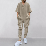 Meeste kevadine lahtine vabaaja komplekt Seitsme varrukaga kootud top + pikad p&uuml;ksid Kaheosalise komplekti 2XL khaki