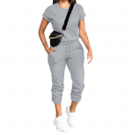 Naiste l&uuml;hikeste varrukatega dressipluusikomplekt, vabaaja &uuml;mara kaelusega topp ja taskutega n&ouml;&ouml;riga joggerid, naiste kaheosaline dressipluusikomplekt S hall