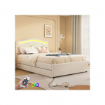 Lit rembourr&eacute; - MUVOE - 90x200 cm - Beige - &Eacute;clairage LED t&eacute;l&eacute;command&eacute; - 2 tiroirs de rangement beež