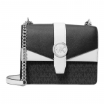 MICHAEL KORS Greenwich br&auml;ndilogo tr&uuml;kitud ketiga &otilde;larihm, kunstnahast, crossbody &otilde;lakott, v&auml;ike suurus, naiste must ja valge must