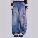 Unisex Y2K Ameerika Tikandiga L&otilde;dvad teksap&uuml;ksid High Street Naistele Vintage Hip Hop Vabaaja Joker Paar Laia s&auml;&auml;rega teksap&uuml;ksid S sinine