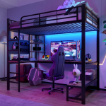 K&otilde;rgvoodi, 90 x 200cm, Rauast raam, Lauaga, Piirdega, Redeliga, Mitme riiuliga, USB+Type-C pistikupesa, LED-riba, Perfokaart, ilma madratsita, Must 204 x 95 x 180 cm must