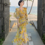 Naiste kollane prantsuse stiilis lillemustriga &uuml;mbrisega pikk kleit Elegantne &otilde;htukleit XS kollane