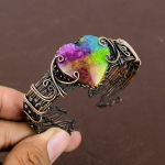 Natural Rainbow Solar Quartz Gemstone Copper Wire Wrap Bangle Adjustable t3q04