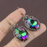 Natural Mystic Rainbow Topaz Gemstone Copper Wire Wrap Gift Earring 2.21 b5z26
