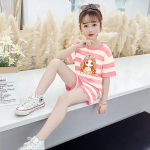 Laste &uuml;likond suvine &otilde;huke roosa triibuline t&uuml;drukute 3D-printimine korea komplekt &otilde;pilaste vabaaja l&uuml;hikesed p&uuml;ksid, kaheosaline komplekt 160