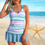 Naiste &otilde;lapaeltega ujumistrikoo sinise ja roosa triibulise mustriga bikiinidega l&uuml;hikesed ujumistrikoo S must