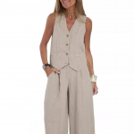 FiveFive naiste puuvillane ja linane 2-osaline komplekt Suvine moodne varrukateta vest ja k&otilde;rge v&ouml;&ouml;kohaga laia s&auml;&auml;rega p&uuml;ksid, &uuml;hev&auml;rviline &uuml;likond, suur suurus S-5XL XXL