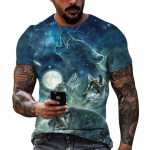 Suvine T-s&auml;rk Euroopa ja Ameerika meeste Cool Street Fashion Casual Moon and Wolf Print T-s&auml;rk vabaaja topp XXS