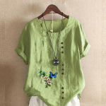 Naiste mood, &uuml;mara kaelusega l&uuml;hikeste varrukatega T-s&auml;rk vabaaja puuvillane linane graafiline s&auml;rk vaba aja veetmiseks lahtiste lilledega prinditud suvised pluusid S roosa