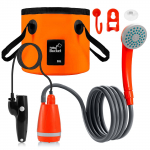 Kaasaskantav v&auml;lidu&scaron;ikomplekt koos 2,5&ndash;3,5 l/min t&uuml;hjendusveega 2 m voolikuga USB laadimine 30&ndash;60 min with water bucket oranž