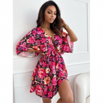 Suvine naiste seelik, suur naiste vabaaja lilleline s&uuml;gav V, suletud v&ouml;&ouml;koht l&uuml;hikeste varrukatega kleit S roosa