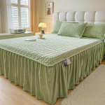 Piimane flanellist voodiseelik &Uuml;hekordne Korallveluurist voodikate Paksustatud voodikate Pitsiga Polsterdatud Voodilina Seeliku&auml;&auml;r Klamber Puuvillane Voodikate Pillowcase x2 roheline