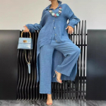 Naisteriided Elegantne mansetts&auml;rk Elastne v&ouml;&ouml;kohaga p&uuml;kstekomplekt naistele Stiilne n&ouml;&ouml;bitav ebaregulaarse &auml;&auml;risega pluus s&uuml;giseks XS tumesinine v&auml;rv