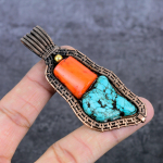 Tibetan Turquoise, Coral Handmade Copper Wire Wrap Jewelry Pendant 3.27 t6y32