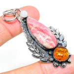 Rhodochrosite, Amber Handmade 925 Sterling Silver Pendant 2.60 q0a82