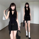 V&uuml;rtsikas T&uuml;druk &Otilde;lgu Paljastav Must Liibuv Kleit - Kevad/Suvi Seksikas Pikkade Varrukatega Mini Kleit M [Recommended 48-55 kg]