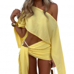 2tk/komplekt Suvine vabaaja&uuml;likond kaldus &otilde;lgade pikkade varrukatega topid K&otilde;rge v&ouml;&ouml;kohaga paeltega miniseelikukomplekt UV-kaitsega kiiresti kuivav riietus M