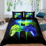 M&auml;ngupuldiga tekikate komplekt, kaheinimese suurus, sinine geomeetriline kahepoolne voodipesukomplekt lastele, poistele, m&auml;ngude teema, moodne m&auml;nguri tekikate EU Single 90x200cm black