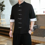 Suvise kraanatikandiga top Traditsiooniline hiina stiilis meeste vintage poolvarrukatega linased s&auml;rgid kraega Kungfu s&auml;rk M must