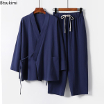 Meeste suvine puuvillane linane kaheosaline Hiina stiilis n&ouml;&ouml;riga kinnitatav kimono top+p&uuml;ksid vabaaja &uuml;likond mees vintage Hanfu Tangi &uuml;likond M-9XL 6XL