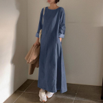 Naiste Retro Casual sinine Denim pikkade varrukatega O-kaelusega avar pikk kleit M