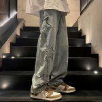 Star Embroidery Sirge vabaaja meeste teksad Gooti neutraalsed laia s&auml;&auml;rega lahtised hip-hop mood noorte t&auml;navar&otilde;ivad teksap&uuml;ksid M sinine