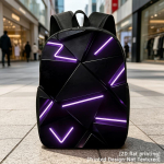 Lilla neoon geomeetriline must, vabaaja seljakott, reisi s&uuml;learvutikott, 2D lame tr&uuml;kk, mahukas seljakott - Sobib T jaoks Unisex black