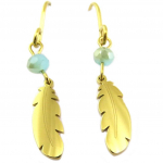 Les Tr&eacute;sors De Lily [P7763] - Boucles cr&eacute;ateur acier 'Boho' vert dor&eacute; (plume indienne) - 19x4 mm t&uuml;rkiissinine