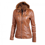 MakeWishes Plus Size S-7XL Naiste nahast PU kapuutsiga lukuga Mootorratta jope Mantlid s&uuml;gistalvine soe mantel XXL pruun