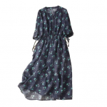 Linane kleit V kaelusega A-joon Kerge &scaron;ikk naiste retro stiilis lilleprintiga Midi p&otilde;hikleit Naiste riided L tumesinine v&auml;rv