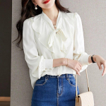 Pikkade varrukatega n&ouml;&ouml;biga Naiste s&auml;rgid Moodne siidist pluus Naiste kaarega kontoris Daam Elegantsed naisteriided lahtised topid 29528 S beež