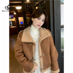 Korea stiilis vabaaja talvine uue stiiliga soe mantel l&uuml;hike &uuml;herealine lambavillane mantel s&uuml;giseks ja talveks onesize roosa