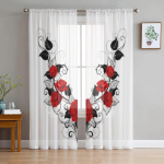 Punased roosid ja mustad lehed T&uuml;llkardinad elutoa kaunistamiseks Moodne loor Sifoonkardinad Magamistoa Sheer Voile 135W x 114H(cm) white