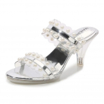 Naiste paksud k&otilde;rged kontsad, kristallist l&auml;bipaistvad seksikad p&auml;rlmuttersandaalid, 7 cm konts, 1 cm platvorm WZ 35 valge