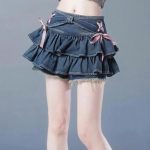 Jaapani Y2k teksaseelik mini naiste Kawaii elastne v&ouml;&ouml;koht A-line lapitehnika armas seksikas volangid Teksad seelik l&uuml;hikesed p&uuml;ksid suvised S sinine